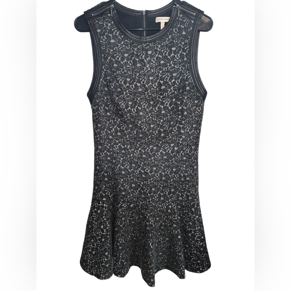 Rebecca Taylor Women's Sleeveless Lace Bonded Dress Sz 8 wool blend leather trim